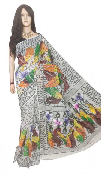 Multi colored hand painted full body work jamdani silk saree